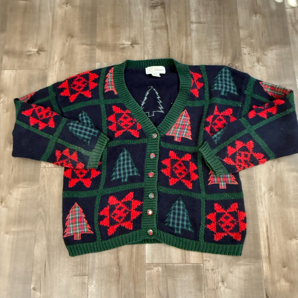 Vintage ID Distinctions Sweater Cardigan Christmas Tree Women Large Knit Patches